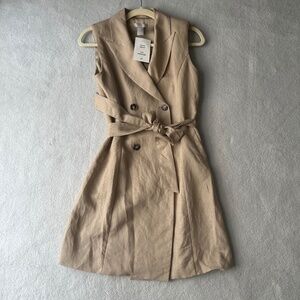 Linen Blend Tan Sleeveless Double-Breasted Trench Dress NWT